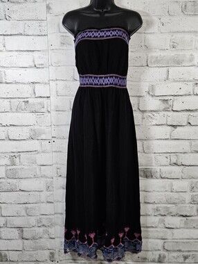 725 Originals Strapless Maxi Dress Y2K Boho Embroidered Black 1X Plus Size